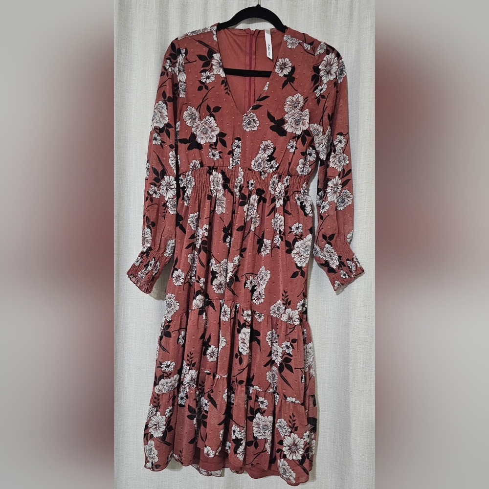 Long Sleeve Clip Dot Chiffon Dress With Smocked Waist and Cuffs Size Small